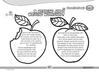 Lesson Favorite Foods
Third Grade
Third Grade
187
9
T. monitor Ss work.
Johnny did not have a
home. He made clothes
from sacks, and he did not
have shoes to wear. As a
hat, he wore a tin cooking
pot. In fact, he used the pot
for cooking!
Johnny Appleseed was
a kind and gentle man.
He was a friend to all the
people he met. He was
also a friend to animals.
Sometimes he would sleep with
them in their barn.
Years later, many apple trees grew
from all the seeds Johnny had
planted. People across the country
had apples to eat. Johnny liked to
tell people the story about his life.
People have told the story about
Johnny Appleseed for hundreds of
years. So the next time
you bite into an apple,
thank Johnny Appleseed!
1 Read.
 