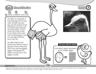 Lesson
Fun at the Zoo
Third Grade
Third Grade
3
198
T. elicit from Ss information they know about ostriches (L1is accepted). Next, tell Ss to read the text a first time to underline all the descriptive words, and lastly read one
more time to circle what an ostrich can do. Explain the concept; “lay eggs” if necessary. Monitor and check Ss work.
2 Read, underline, and circle.
An ostrich likes to eat
plants and insects. It lives in
groups of five to fifty birds.
And it can lay the biggest
eggs in the planet! An
ostrich can lay 40 to 100
eggs in a year.
An ostrich is a big bird. It
has long legs and a long
neck. Its eyes are very
big, but the head is small.
Its feathers are long, soft,
and decorative. Its feet
have very sharp claws.
It can attack with a kick
from its strong legs. It can
run very fast (72km/hr),
but it can’t fly.
One ostrich egg is equivalent
to 24 chicken eggs!
Do you want to know?
 