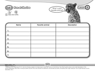 Third Grade
Third Grade
1
W
5
T. bring your own model (see T91/10. Ask Five Friends.). Explain to Ss they have to write their name on the first box, then their favorite animal, and a brief description of the
animal. Afterwards, they have to survey six peers and fill in the chart. Monitor Ss interaction and provide any extra vocabulary they might need (ex. how to spell dinosaur and its
description, etc.).
Say and write.
What´s your
favorite animal?
Name Favorite animal Description
1.
Lesson
Fun at the Zoo
2.
3.
4.
5.
6.
7.
6
202
Third Grade
Third Grade
 