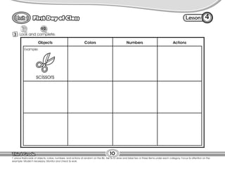 Lesson
First Day of Class
10
3 Look and complete.
4
Example:
T. place flashcards of objects, colors, numbers, and actions at random on the Bb. Ask Ss to draw and label two or three items under each category. Focus Ss attention on the
example. Model if necessary. Monitor and check Ss work.
scissors
Objects Colors Numbers Actions
Example:
 