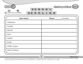 Lesson First Day of Class
6
2 Count and complete.
15
T. group Ss in small groups (4-5). Next, ask Ss to look in their backpacks or schoolbags and count all the specified items and total them per group. When they have completed
their chart, report back to the class to fill in the chart in the Student Book p.7 or make a class chart. T. make sure Ss count in English.
How many? Group ________ (number)
notebooks
markers
pencils
pens
erasers
books
bottles of glue
pairs of scissors
 