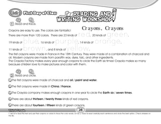 Lesson
First Day of Class
28
T. ask Ss to read the text and use their crayons or colors to trace the color words. On ex 2, have Ss read carefully each sentence and circle the best option. Check answers on
the Bb.
1 Read and trace.
Cr ayons, Cr ayons
There are more than 120 colors. There are 23 kinds of , 20 kinds of ,
19 kinds of , 16 kinds of , 14 kinds of ,
11 kinds of , and 8 kinds of ,
red
The first crayons were made in France in the 18th Century. They were made of a combination of charcoal and
oil. Modern crayons are made from paraffin wax, dyes, talc, and other ingredients.
The Crayola Factory makes every year enough crayons to circle the Earth six times! Crayola makes so many
because children love to make pictures and color with them.
green
blue purple orange
brown yellow
Crayons are easy to use. The colors are fantastic!
2 Read and circle.
1. The first crayons were made of charcoal and oil / paint and water.
2. The first crayons were made in China / France.
3. The Crayola company makes enough crayons in one year to circle the Earth six / seven times.
4. There are about thirteen / twenty three kinds of red crayons.
5. There are about fourteen / fifteen kinds of green crayons.
 