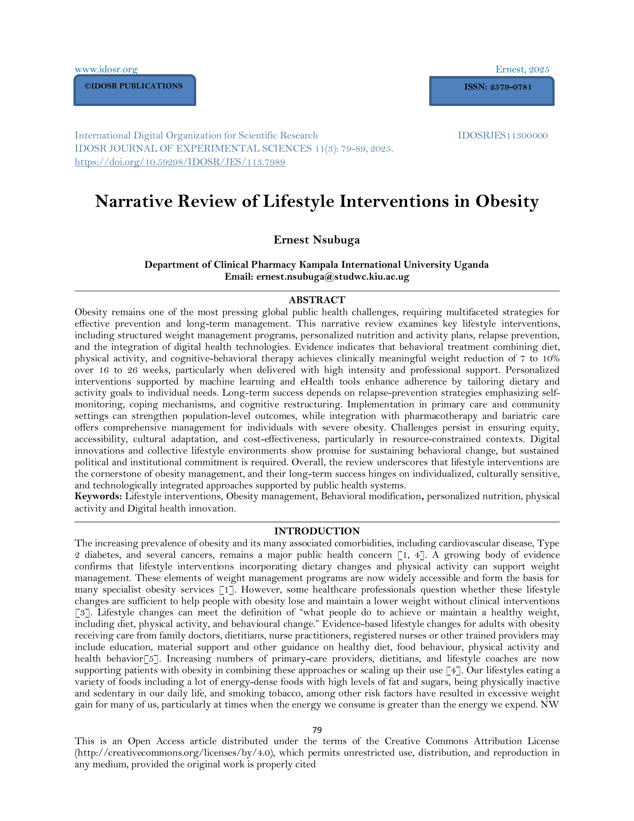 Narrative Review of Lifestyle Interventions in Obesity (www.kiu.ac.ug ...