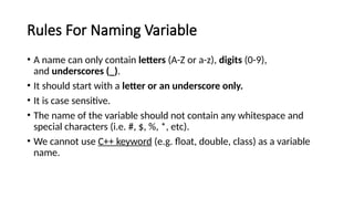 Introduction to C++ , features, variable | PPTX