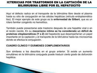 ICTERICIAS POR TRASTORNOS EN LA CAPTACIÓN DE LA
BILIRRUBINA LIBRE POR EL HEPATOCITO
Aquí el defecto radica en el transporte de la bilirrubina libre desde el plasma
hasta su sitio de conjugación en las células hepáticas (retículo endoplasmático
liso). El mejor ejemplo de este grupo es la enfermedad de Gilbert, que es un
íctero familiar congénito no hemolítico.
También puede presentarse este trastorno después de una hepatitis viral o en
el recién nacido. En su mecanismo íntimo se ha considerado un déficit de
proteínas citoplasmáticas (Y o Z) del hepatocito que desempeñarían un papel
importante en la captación y el transporte de la bilirrubina hasta los microsomas
donde se efectúa la conjugación.
CUADRO CLÍNICO Y EXÁMENES COMPLEMENTARIOS
Son similares a los descritos en el grupo anterior. Si existe un aumento
simultáneo en la bilirrubina conjugada puede traducir cierto grado de disfunción
hepática.
 