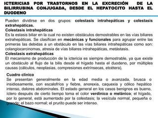 ICTERICIAS POR TRASTORNOS EN LA EXCRECIÓN DE LA
BILIRRUBINA CONJUGADA, DESDE EL HEPATOCITO HASTA EL
DUODENO
Pueden dividirse en dos grupos: colestasis intrahepáticas y colestasis
extrahepáticas.
Colestasis intrahepáticas
Es la estasis biliar en la cual no existen obstáculos demostrables en las vías biliares
extrahepáticas. Se clasifican en mecánicas y funcionales para agrupar entre las
primeras las debidas a un obstáculo en las vías biliares intrahepáticas como son:
colangiocarcinomas, atresia de vías biliares intrahepáticas, metástasis.
Colestasis extrahepáticas
El mecanismo de producción de la ictericia es siempre demostrable, ya que existe
un obstáculo al flujo de la bilis desde el hígado hasta el duodeno, por múltiples
causas (cálculos, neoplasias, compresiones extrínsecas, etcétera).
Cuadro clínico
Se presentan generalmente en la edad media o avanzada, brusca o
insidiosamente, con escalofríos y fiebre, anorexia, caquexia y cólico hepático
intenso, dolores abdominales. El estado general en los casos benignos es bueno,
íctero después de cierto tiempo toma el color verdínico o melánico; el hígado,
por lo general, está aumentado por la colestasis; la vesícula normal, pequeña o
grande; el bazo normal; el prurito puede ser intenso.
 