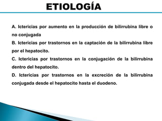 A. Ictericias por aumento en la producción de bilirrubina libre o
no conjugada
B. Ictericias por trastornos en la captación de la bilirrubina libre
por el hepatocito.
C. Ictericias por trastornos en la conjugación de la bilirrubina
dentro del hepatocito.
D. Ictericias por trastornos en la excreción de la bilirrubina
conjugada desde el hepatocito hasta el duodeno.
ETIOLOGÍA
 