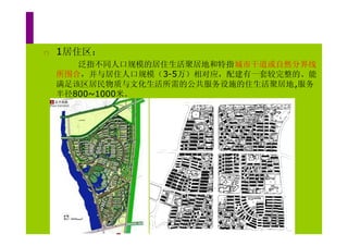 n   1居住区：
       泛指不同人口规模的居住生活聚居地和特指城市干道或自然分界线
    所围合，并与居住人口规模（3-5万）相对应，配建有一套较完整的、能
    满足该区居民物质与文化生活所需的公共服务设施的住生活聚居地,服务
    半径800~1000米。
 