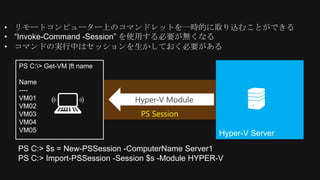 &bull; リモートコンピューター上のコマンドレットを一時的に取り込むことができる
&bull; &ldquo;Invoke-Command -Session&rdquo; を使用する必要が無くなる
&bull; コマンドの実行中はセッションを生かしておく必要がある

  PS C:> Get-VM |ft name

  Name
  ----
  VM01                        Hyper-V Module
  VM02
  VM03                         PS Session
  VM04
  VM05
                                                  Hyper-V Server
 PS C:> $s = New-PSSession -ComputerName Server1
 PS C:> Import-PSSession -Session $s -Module HYPER-V
 