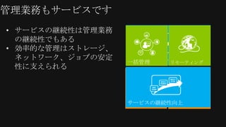 &bull; サービスの継続性は管理業務
  の継続性でもある
&bull; 効率的な管理はストレージ、
  ネットワーク、ジョブの安定
  性に支えられる
 