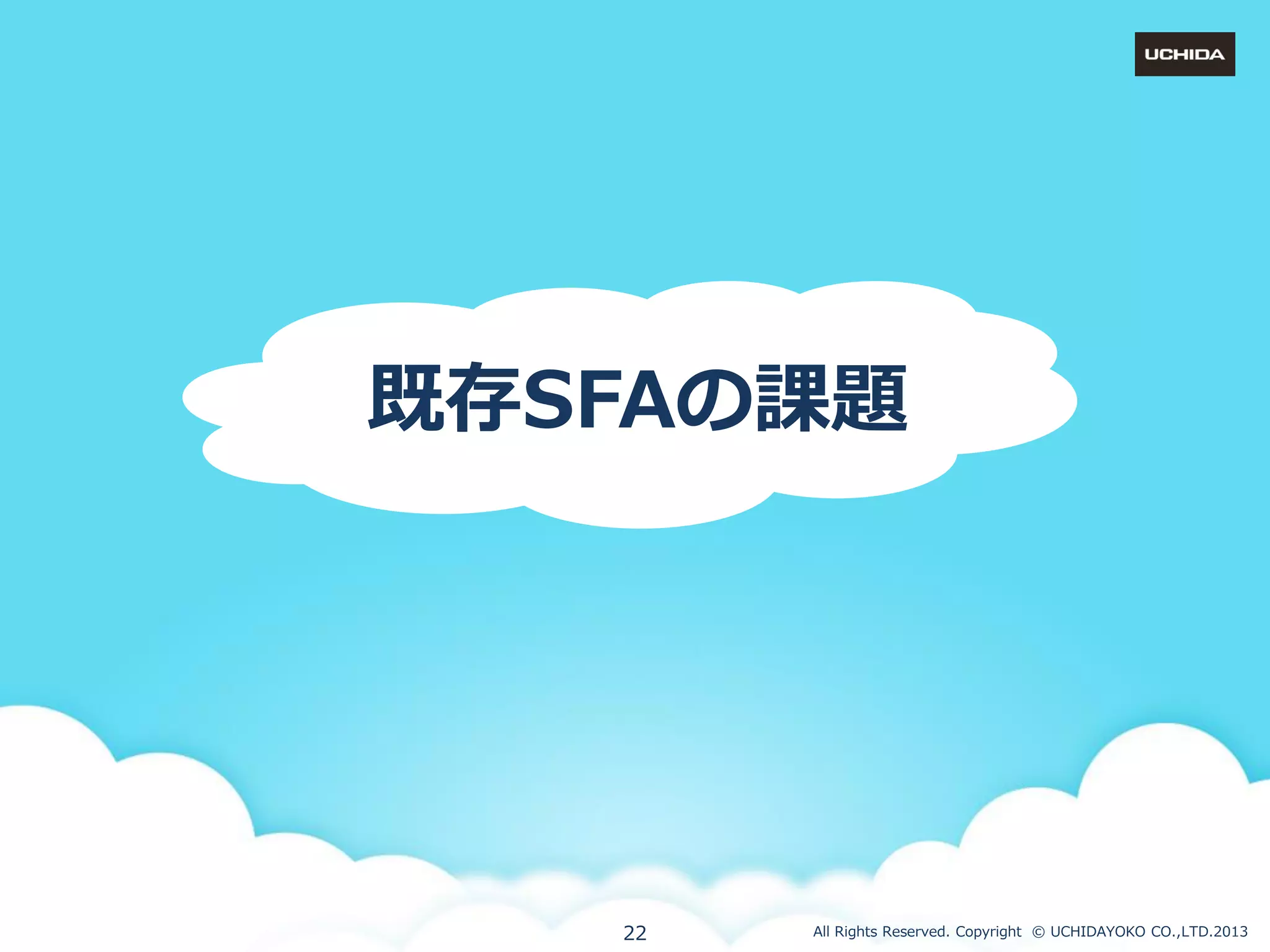 既存SFAの課題

22

All Rights Reserved. Copyright © UCHIDAYOKO CO.,LTD.2013

 