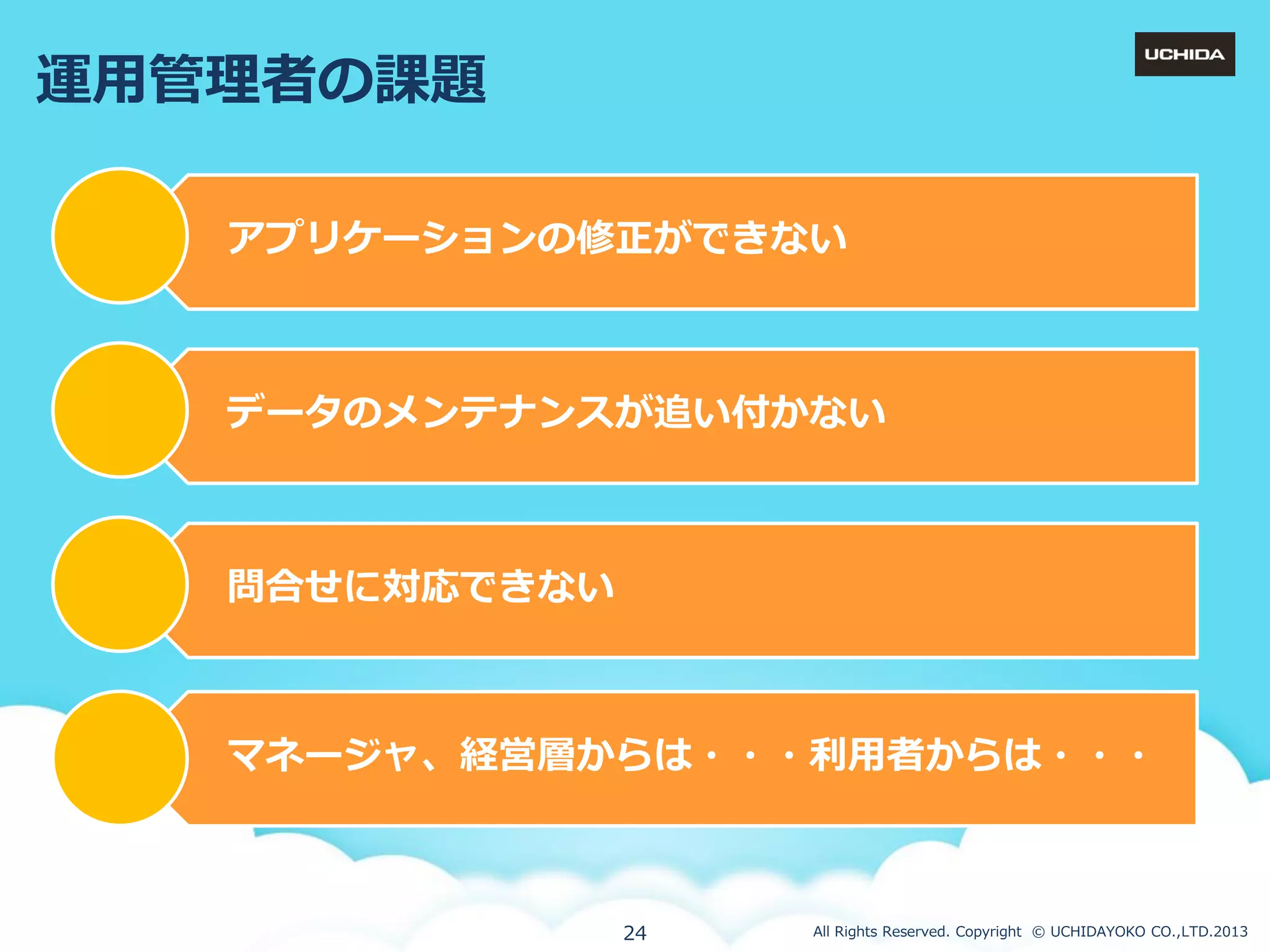運用管理者の課題
ゕプリケーションの修正ができない

データのメンテナンスが追い付かない

問合せに対応できない

マネージャ、経営層からは・・・利用者からは・・・

24

All Rights Reserved. Copyright © UCHIDAYOKO CO.,LTD.2013

 