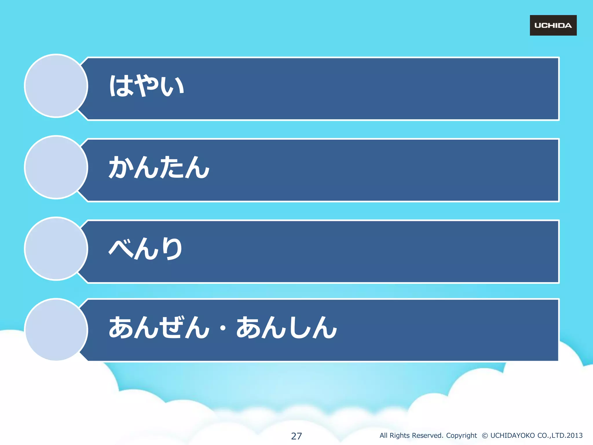 はやい
かんたん
べんり
あんぜん・あんしん

27

All Rights Reserved. Copyright © UCHIDAYOKO CO.,LTD.2013

 