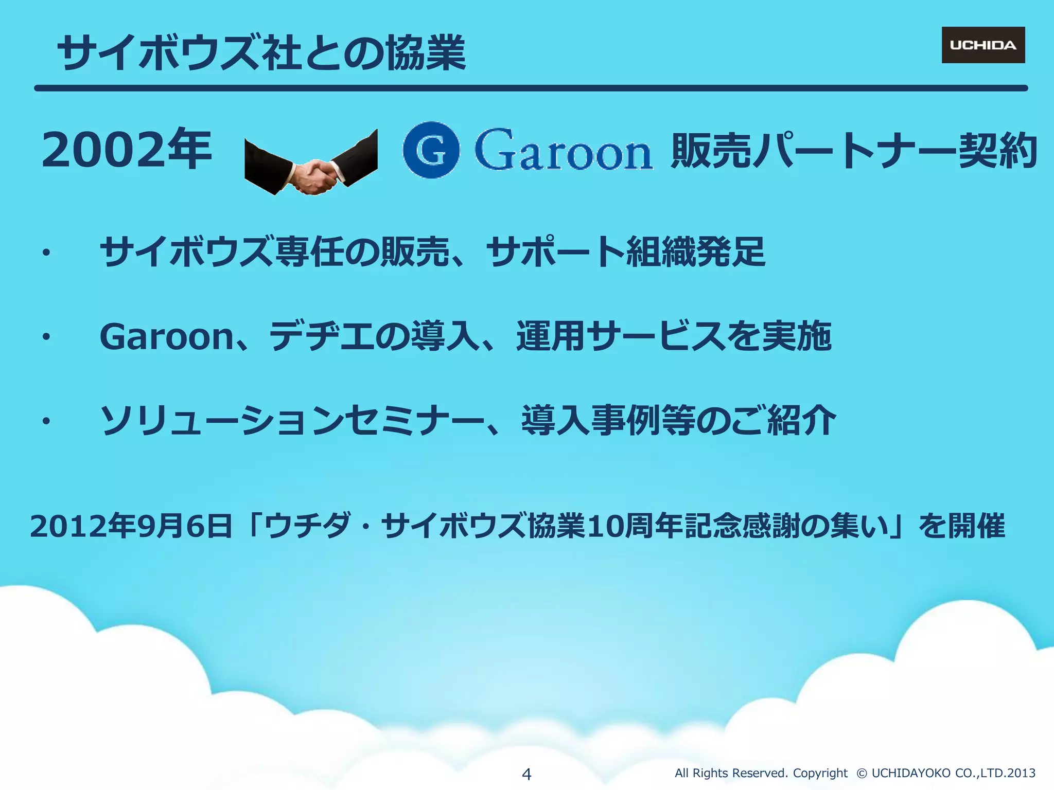 サ゗ボウズ社との協業

2002年

販売パートナー契約

・

サ゗ボウズ専任の販売、サポート組織発足

・

Garoon、デヂエの導入、運用サービスを実施

・

ソリューションセミナー、導入事例等のご紹介

2012年9月6日「ウチダ・サ゗ボウズ協業10周年記念感謝の集い」を開催

4

All Rights Reserved. Copyright © UCHIDAYOKO CO.,LTD.2013

 