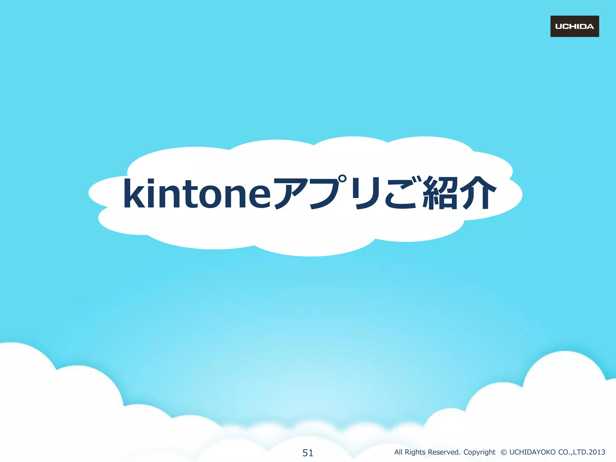 kintoneゕプリご紹介

51

All Rights Reserved. Copyright © UCHIDAYOKO CO.,LTD.2013

 
