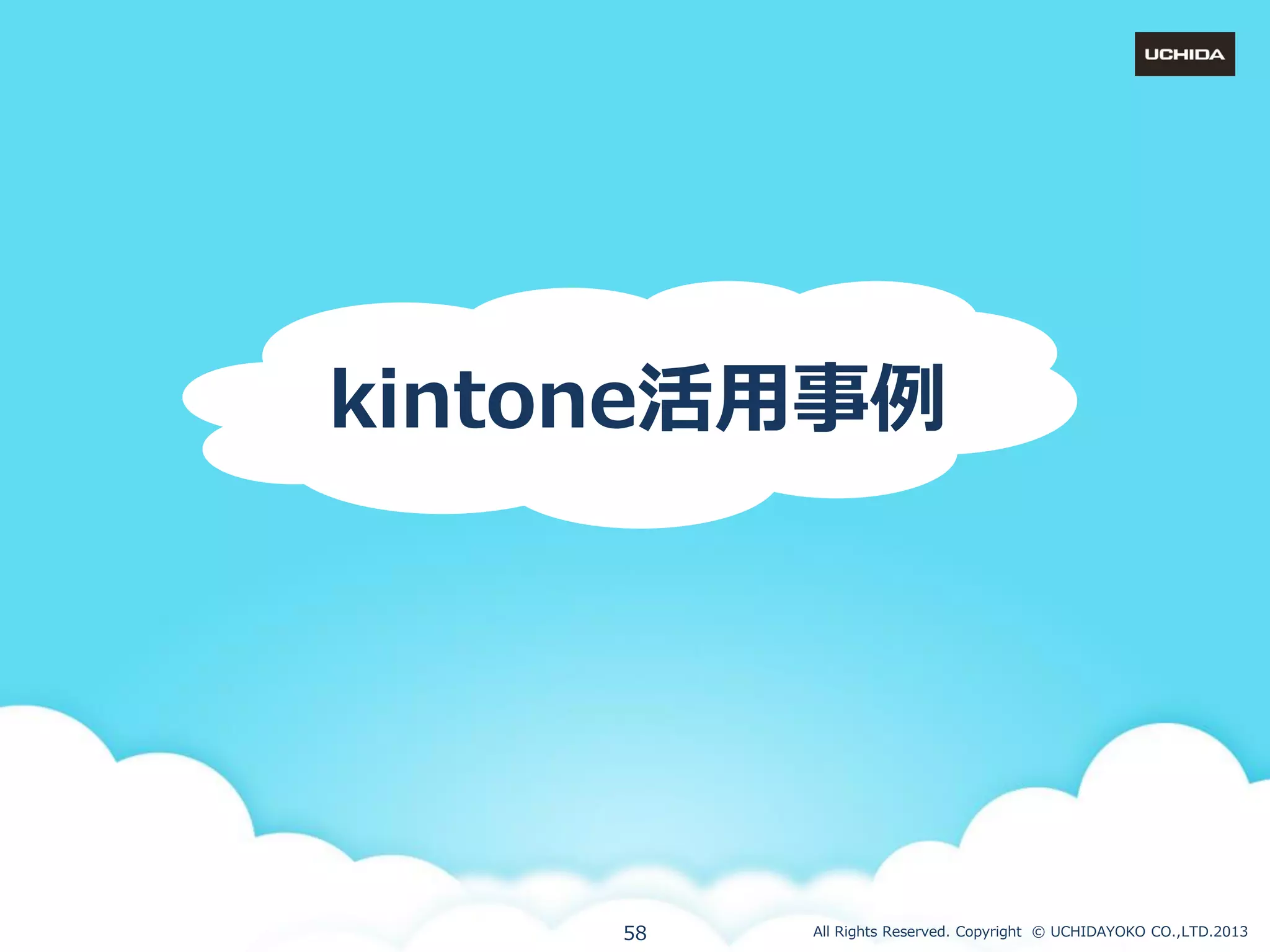 kintone活用事例

58

All Rights Reserved. Copyright © UCHIDAYOKO CO.,LTD.2013

 