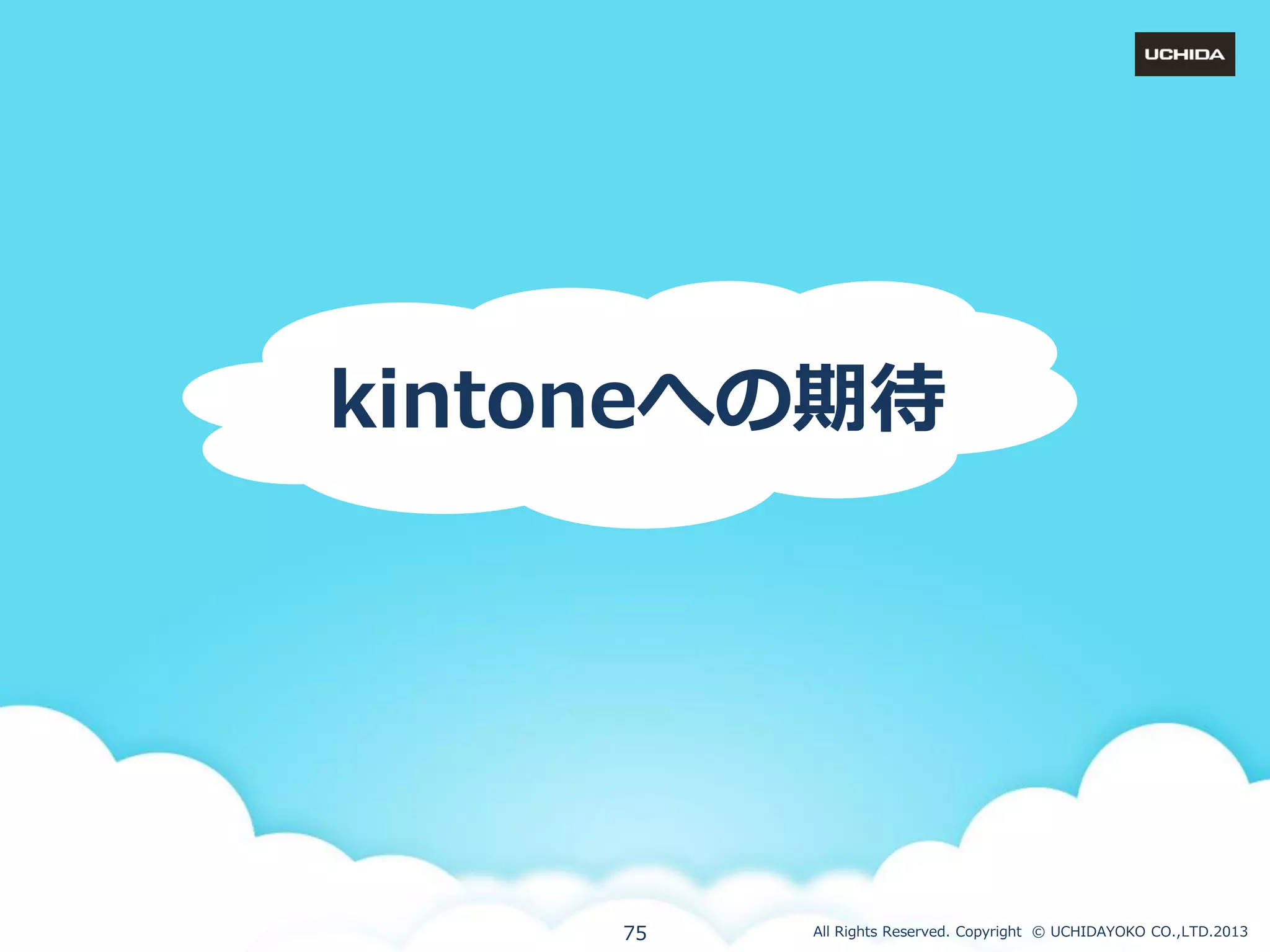 kintoneへの期待

75

All Rights Reserved. Copyright © UCHIDAYOKO CO.,LTD.2013

 
