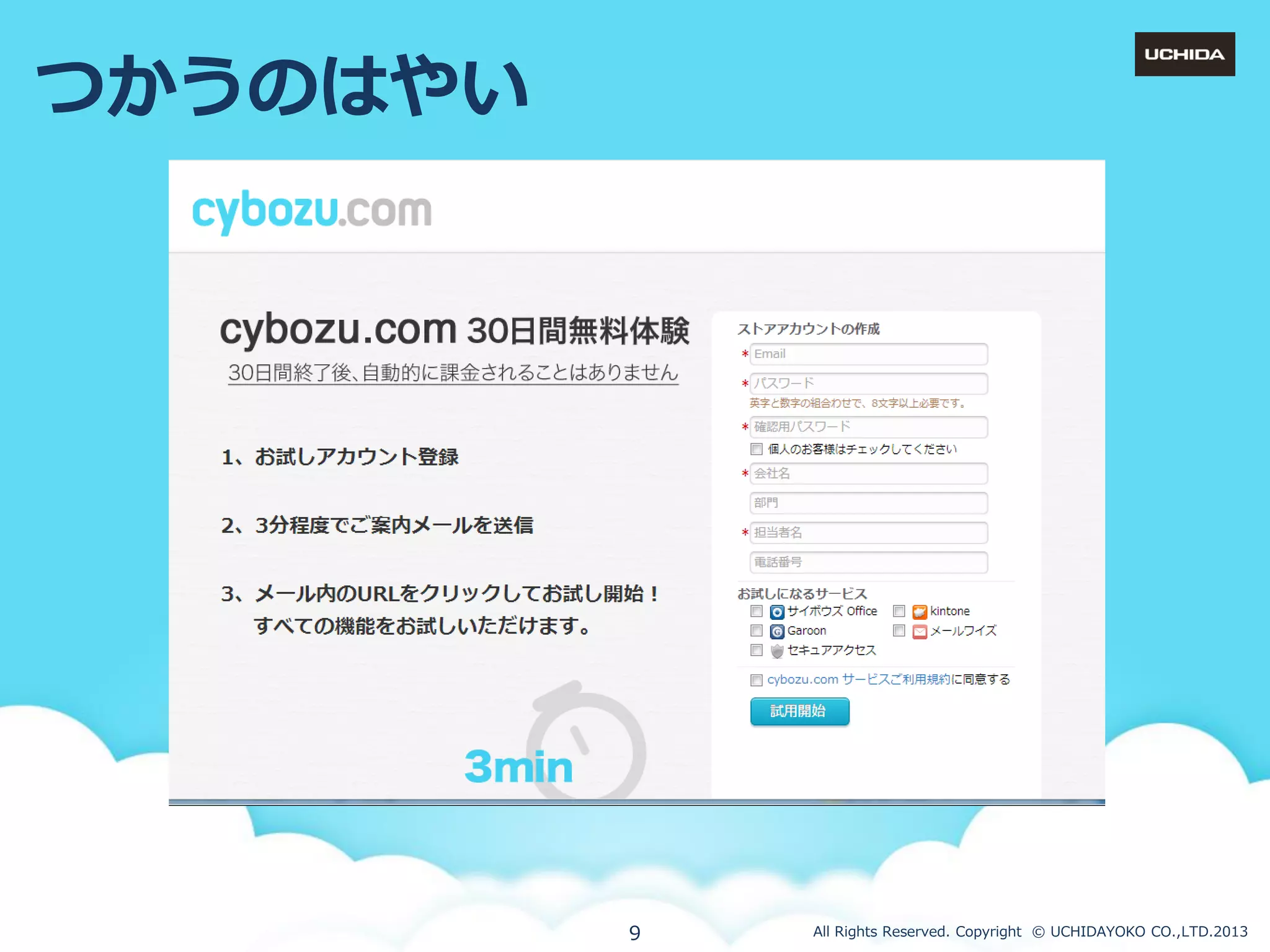 つかうのはやい

9

All Rights Reserved. Copyright © UCHIDAYOKO CO.,LTD.2013

 