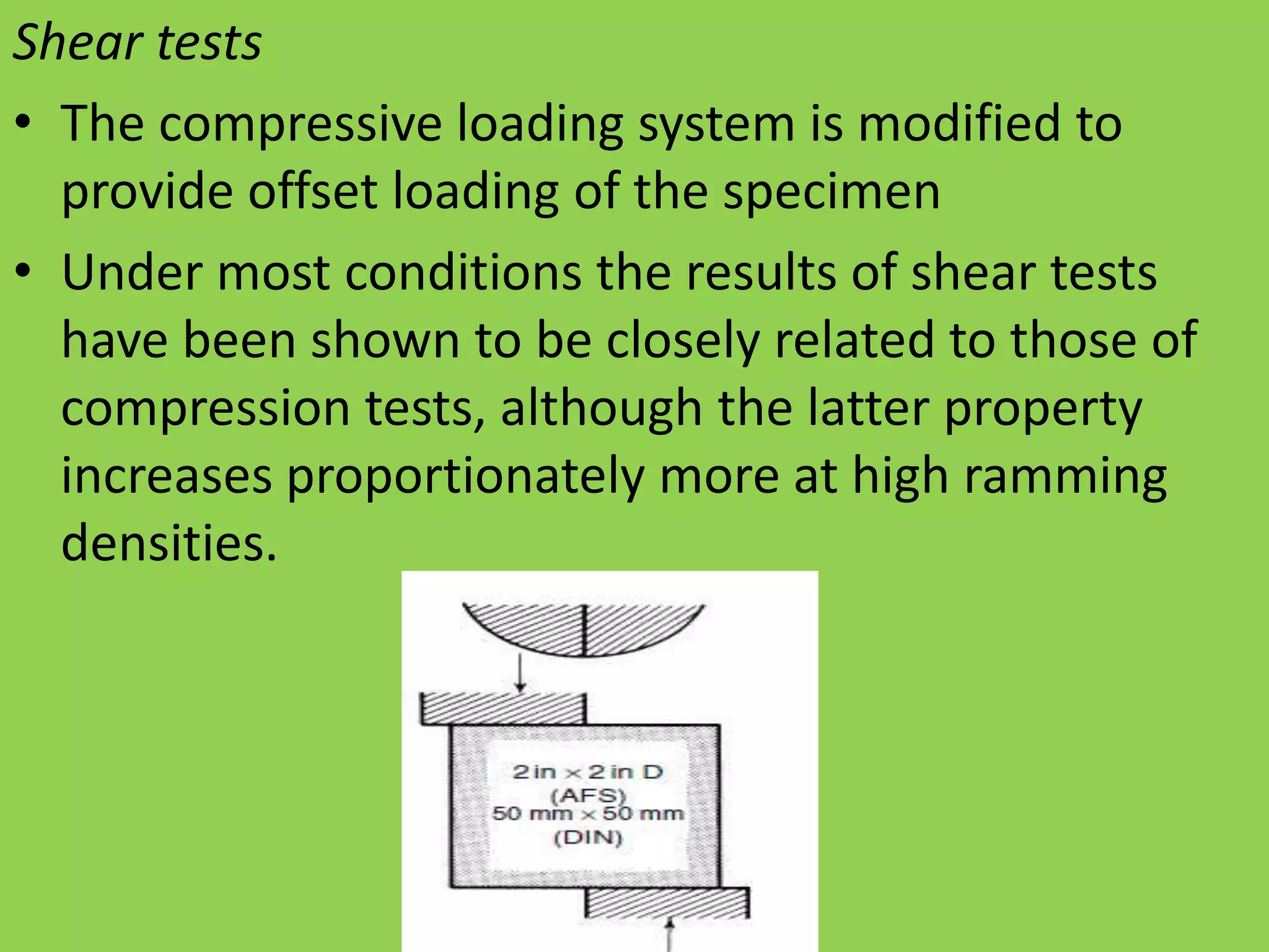 Shear tests
• The compressive loading system is modified to
provide offset loading of the specimen
• Under most conditions the results of shear tests
have been shown to be closely related to those of
compression tests, although the latter property
increases proportionately more at high ramming
densities.
 