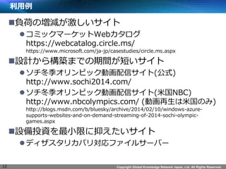 Copyright Global Knowledge Network Japan, Ltd. All Rights Reserved. 
 
?ؓɤΉp 
?ߥåީ`åWeb https://webcatalog.circle.ms/ https://www.microsoft.com/ja-jp/casestudies/circle.ms.aspx 
?OӋ阋BޤǤg̤ 
?ԥåӻť(ʽ) http://www.sochi2014.com/ 
?ԥåӻť(׹NBC) http://www.nbcolympics.com/ (ӻ׹Τ) http://blogs.msdn.com/b/bluesky/archive/2014/02/10/windows-azure- supports-websites-and-on-demand-streaming-of-2014-sochi-olympic- games.aspx 
?OͶYСޤ֤ 
?ǥꥫХꌝե륵`Щ` 
12  