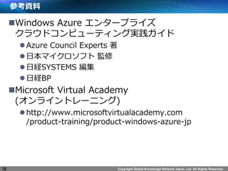 Copyright Global Knowledge Network Japan, Ltd. All Rights Reserved. 
οY 
?Windows Azure 󥿩`ץ饤 饦ɥԥ`ƥ󥰌g 
?Azure Council Experts  
?ձޥե O 
?սUSYSTEMS  
?սUBP 
?Microsoft Virtual Academy (饤ȥ`˥) 
?http://www.microsoftvirtualacademy.com /product-training/product-windows-azure-jp 
38  
