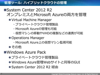 Copyright Global Knowledge Network Japan, Ltd. All Rights Reserved. 
ĩ`: ϥ֥åɥ饦ɤι 
?System Center 2012 R2 ץߥMicrosoft Azure΁I 
?Virtual Machine Manager 
-ץ饤٩`ȥ饦ɹuƷ 
-Microsoft Azureι 
-ޥƄӤVHD}uʤɤBЯ 
?Operations Manager 
-Microsoft AzureϤ΁ޥOҕ 
? 
?Windows Azure Pack 
?ץ饤٩`ȥ饦ɹuƷ 
?Windows AzureWebȤͬȤGUI 
?System Center 2012 R2 U 
7  