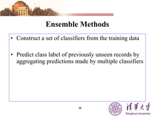 Ensemble Methods Construct a set of classifiers from the training data Predict class label of previously unseen records by aggregating predictions made by multiple classifiers 