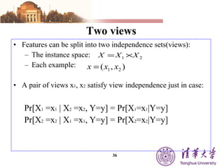 Two views Features can be split into two independence sets(views): The instance space: Each example: A pair of views x 1 , x 2  satisfy view independence just in case: Pr[X 1  =x 1  | X 2  =x 2 , Y=y] = Pr[X 1 =x 1 |Y=y] Pr[X 2  =x 2  | X 1  =x 1 , Y=y] = Pr[X 2 =x 2 |Y=y] 