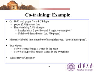 Co-training: Example Ca. 1050 web pages from 4 CS depts pages (25%) as test data The remaining 75% of pages Labeled data: 3 positive and 9 negative examples Unlabeled data: the rest (ca. 770 pages) Manually labeled into a number of categories: e.g., “course home page”. Two views: View #1 (page-based): words in the page View #2 (hyperlink-based): words in the hyperlinks  Naïve Bayes Classifier  
