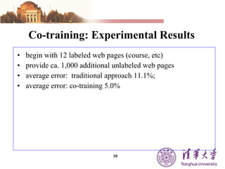 Co-training: Experimental Results begin with 12 labeled web pages (course, etc) provide  ca.  1,000 additional unlabeled web pages average error:  traditional approach 11.1%;  average error: co-training 5.0% 