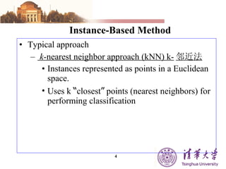 Instance-Based Method Typical approach k -nearest neighbor approach (kNN) k- 邻近法 Instances represented as points in a Euclidean space.  Uses k  “ closest ”  points (nearest neighbors) for performing classification 