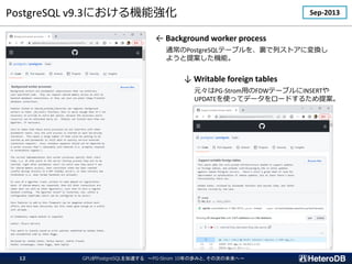 PostgreSQL v9.3ˤC܏ Sep-2013
 Background worker process
ͨPostgreSQLƩ`֥YХȥˉQ
褦᰸Cܡ
 Writable foreign tables
ԪPG-StromäFDWƩ`֥INSERT
UPDATEʹäƥǩ``ɤ뤿᰸
GPUPostgreSQL٤ PG-Strom 10ΚiߤȡδΤδء
12
 