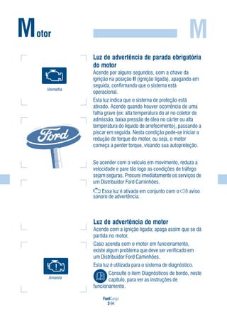 FordCargo
2-94
M
Luz de advertência de parada obrigatória
do motor
Acende por alguns segundos, com a chave da
ignição na posição II (ignição ligada), apagando em
seguida, confirmando que o sistema está
operacional.
Esta luz indica que o sistema de proteção está
ativado. Acende quando houver ocorrência de uma
falha grave (ex: alta temperatura do ar no coletor de
admissão, baixa pressão de óleo no cárter ou alta
temperatura do líquido de arrefecimento), passando a
piscar em seguida. Nesta condição pode-se iniciar a
redução de torque do motor, ou seja, o motor
começa a perder torque, visando sua autoproteção.
Motor
Vermelha
Se acender com o veículo em movimento, reduza a
velocidade e pare tão logo as condições de tráfego
sejam seguras. Procure imediatamente os serviços de
um Distribuidor Ford Caminhões.
Essa luz é ativada em conjunto com o aviso
sonoro de advertência.
Luz de advertência do motor
Acende com a ignição ligada; apaga assim que se dá
partida no motor.
Caso acenda com o motor em funcionamento,
existe algum problema que deve ser verificado em
um Distribuidor Ford Caminhões.
Esta luz é utilizada para o sistema de diagnóstico.
Consulte o item Diagnósticos de bordo, neste
capítulo, para ver as instruções de
funcionamento.
Amarela
 