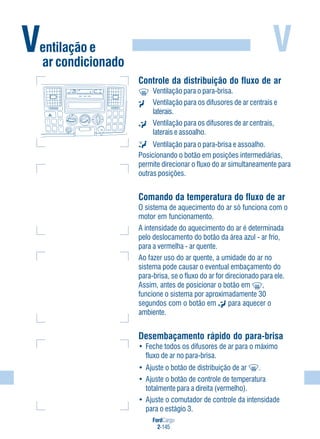 V
FordCargo
2-145
Ventilação e
ar condicionado
Controle da distribuição do fluxo de ar
Ventilação para o para-brisa.
Ventilação para os difusores de ar centrais e
laterais.
Ventilação para os difusores de ar centrais,
laterais e assoalho.
Ventilação para o para-brisa e assoalho.
Posicionando o botão em posições intermediárias,
permite direcionar o fluxo do ar simultaneamente para
outras posições.
Comando da temperatura do fluxo de ar
O sistema de aquecimento do ar só funciona com o
motor em funcionamento.
A intensidade do aquecimento do ar é determinada
pelo deslocamento do botão da área azul - ar frio,
para a vermelha - ar quente.
Ao fazer uso do ar quente, a umidade do ar no
sistema pode causar o eventual embaçamento do
para-brisa, se o fluxo do ar for direcionado para ele.
Assim, antes de posicionar o botão em ,
funcione o sistema por aproximadamente 30
segundos com o botão em para aquecer o
ambiente.
Desembaçamento rápido do para-brisa
• Feche todos os difusores de ar para o máximo
fluxo de ar no para-brisa.
• Ajuste o botão de distribuição de ar .
• Ajuste o botão de controle de temperatura
totalmente para a direita (vermelho).
• Ajuste o comutador de controle da intensidade
para o estágio 3.
12V
12V
1
2 3
0
- -
-
M
+
-
-
-
 