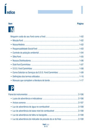 FordCargo
5-10
I
Item Página
Ninguém cuida do seu Ford como a Ford ............................................................1-02
• Missão Ford ....................................................................................................1-02
• Nossa História .................................................................................................1-02
• Responsabilidade Social Ford ..........................................................................1-03
• Controle de poluição ambiental ........................................................................1-04
• Sites Ford ........................................................................................................1-05
• Nossos Distribuidores ......................................................................................1-06
• Disk Ford Caminhões ......................................................................................1-07
• S.O.S. Ford Caminhões ...................................................................................1-08
• Como Solicitar os Serviços do S.O.S. Ford Caminhões .....................................1-09
• Definições dos termos utilizados ......................................................................1-16
• Manuais que compõem a literatura de bordo ....................................................1-17
Painel de instrumentos ..........................................................................................2-106
• Luzes de advertência e indicadoras ...............................................................2-106
• Avisos sonoros .............................................................................................2-107
• Luz de advertência de água no combustível ..................................................2-108
• Luz de advertência de baixo nível do combustível ..........................................2-108
• Luz de advertência de falha no tacógrafo .......................................................2-108
• Luz de advertência do indicador da pressão do ar do freio .............................2-108
N
Índice
 