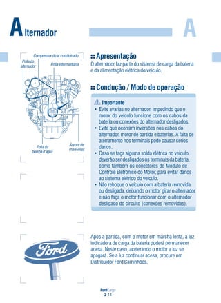 FordCargo
2-14
A
Apresentação
O alternador faz parte do sistema de carga da bateria
e da alimentação elétrica do veículo.
Condução / Modo de operação
Importante
• Evite avarias no alternador, impedindo que o
motor do veículo funcione com os cabos da
bateria ou conexões do alternador desligados.
• Evite que ocorram inversões nos cabos do
alternador, motor de partida e baterias. A falta de
aterramento nos terminais pode causar sérios
danos.
• Caso se faça alguma solda elétrica no veículo,
deverão ser desligados os terminais da bateria,
como também os conectores do Módulo de
Controle Eletrônico do Motor, para evitar danos
ao sistema elétrico do veículo.
• Não reboque o veículo com a bateria removida
ou desligada, deixando o motor girar o alternador
e não faça o motor funcionar com o alternador
desligado do circuito (conexões removidas).
Alternador
Após a partida, com o motor em marcha lenta, a luz
indicadora de carga da bateria poderá permanecer
acesa. Neste caso, acelerando o motor a luz se
apagará. Se a luz continuar acesa, procure um
Distribuidor Ford Caminhões.
Polia do
alternador Polia intermediária
Polia da
bombad’água
Árvore de
manivelas
Compressordoarcondicinado
 