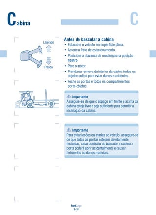 FordCargo
2-34
CCabina
Importante
Para evitar lesões ou avarias ao veículo, assegure-se
de que todas as portas estejam devidamente
fechadas, caso contrário ao bascular a cabina a
porta poderá abrir acidentalmente e causar
ferimentos ou danos materiais.
Antes de bascular a cabina
• Estacione o veículo em superfície plana.
• Acione o freio de estacionamento.
• Posicione a alavanca de mudanças na posição
neutro.
• Pare o motor.
• Prenda ou remova do interior da cabina todos os
objetos soltos para evitar danos e acidentes.
• Feche as portas e todos os compartimentos
porta-objetos.
Importante
Assegure-se de que o espaço em frente e acima da
cabina esteja livre e seja suficiente para permitir a
inclinação da cabina.
Freado
Liberado
 