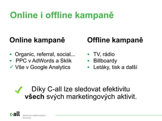 Online i offline kampaně
sledování telefonických
konverzí
Online kampaně
• Organic, referral, social...
• PPC v AdWords a Sklik
 Vše v Google Analytics
Offline kampaně
• TV, rádio
• Billboardy
• Letáky, tisk a další
Díky C-all lze sledovat efektivitu
všech svých marketingových aktivit.
 