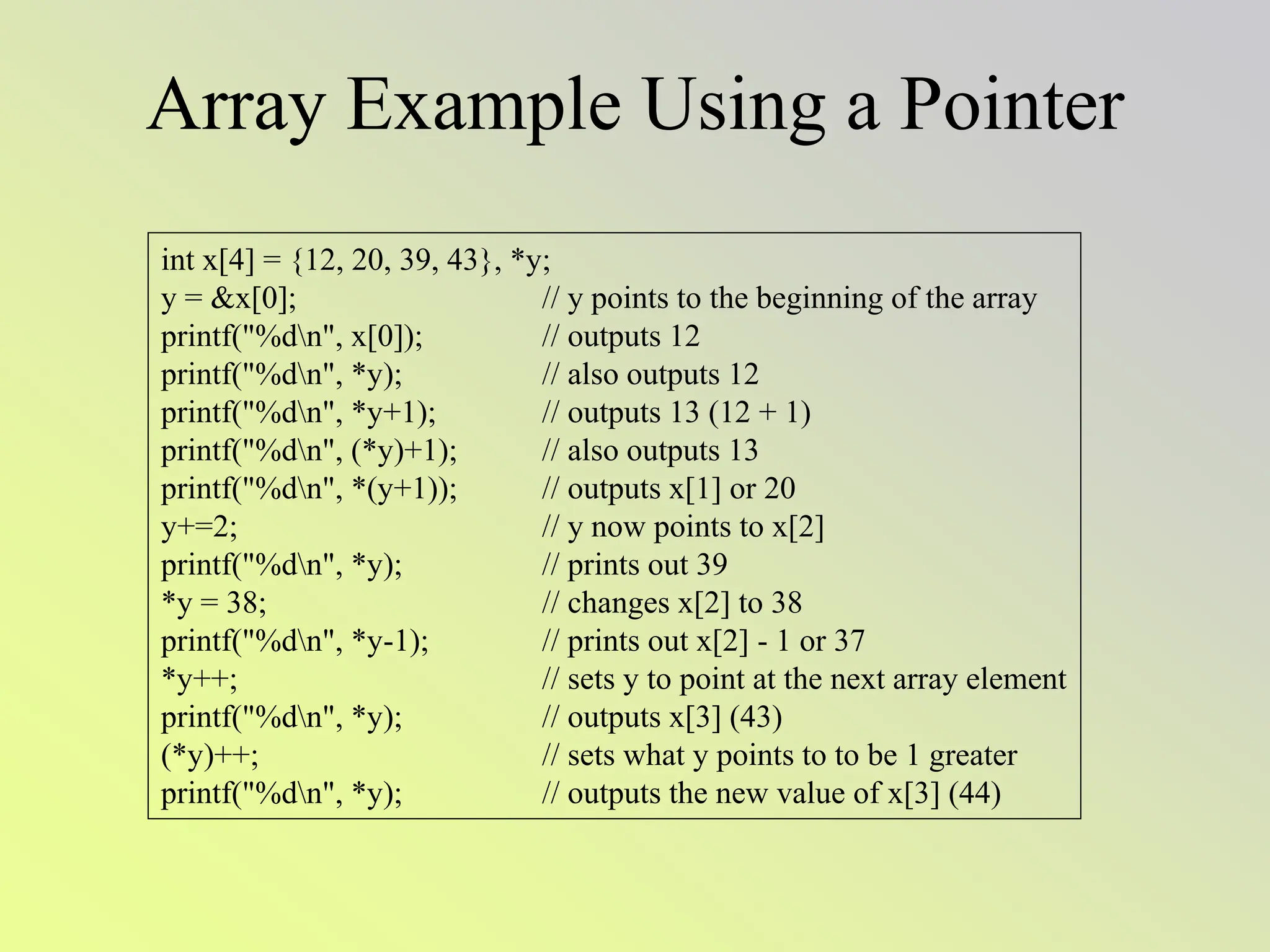 Array Example Using a Pointer
int x[4] = {12, 20, 39, 43}, *y;
y = &x[0]; // y points to the beginning of the array
printf("%dn", x[0]); // outputs 12
printf("%dn", *y); // also outputs 12
printf("%dn", *y+1); // outputs 13 (12 + 1)
printf("%dn", (*y)+1); // also outputs 13
printf("%dn", *(y+1)); // outputs x[1] or 20
y+=2; // y now points to x[2]
printf("%dn", *y); // prints out 39
*y = 38; // changes x[2] to 38
printf("%dn", *y-1); // prints out x[2] - 1 or 37
*y++; // sets y to point at the next array element
printf("%dn", *y); // outputs x[3] (43)
(*y)++; // sets what y points to to be 1 greater
printf("%dn", *y); // outputs the new value of x[3] (44)
 