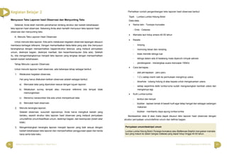 16 17Bahasa Indonesia Paket C Tingkatan V Modul Tema 1 Menyingkap Ilmu Pengetahuan di Sekitar Kita
Menyusun Teks Laporan hasil Observasi dan Menyunting Teks
Selamat. Anda telah memiliki pemahaman tentang struktur dan kaidah kebahasaan
teks laporan hasil observasi. Sekarang Anda akan berlatih menyusun teks laporan hasil
observasi dan menyunting teks.
A. Menulis Teks Laporan Hasil Observasi
Untuk menulis teks laporan. Kita perlu melakukan kegiatan observasi lapangan ataupun
membaca berbagai referansi. Dengan memanfaatkan fakta-fakta yang ada, kita menyusun
kerangkanya dengan memperhatikan bagian/struktur teksnya, yang meliputi pernyataan
umum, deskripsi bagian, deskripsi manfaat, dan kesan/kesimpulan (bila ada). Setelah
itu, kita mengembangkannya menjadi teks laporan yang lengkap dengan memperhatikan
kaidah-kaidah kebahasaan.
Tahap Menulis Laporan Observasi
Untuk menulis laporan hasil observasi, ada beberapa tahap sebagai berikut.
1. Melakukan kegiatan observasi.
Hal yang harus dilakukan ketikan observasi adalah sebagai berikut.
a) Mencatat data yang diperlukan sesuai dengan tujuan laporan.
b) Melakukan survey tempat atau mencarai referensi bila tempat tidak
memungkinkan
c) Menemui narasumber bila ada untuk memperkuat data
d) Mencatat hasil observasi
2. Menulis kerangka laporan.
Setelah observasi, susunlah laporannya. Anda harus mengikuti kaidah yang
berlaku, seperti struktur teks laporan hasil observasi yang meliputi pernyataan
umu/deﬁnisi umum/klasiﬁkasi umum, deskrispi bagian, dan kesimpulan (boleh ada/
tidak)
3. Mengembangkan kerangka laporan menjadi laporan yang baik sesuai dengan
kaidah kebahasaan teks laporan dan memperhatikan penggunaan ejaan dan tanda
baca serta kata baku.
Perhatikan contoh pengembangan teks laporan hasil observasi berikut.
Topik : Lumba-Lumba Hidung Botol
Data-data :
• Nama latin : Tursiops truncates
- Ordo : Cetacea
• Mamalia laut hidup antara 40-50 tahun
• Kepala
- lonjong
- moncong besar dan ramping
- tidak memiliki telinga luar
- telinga dalam ada di belakang mata dipenuhi minyak sekresi
- pendengaran : menangkap suara mencapai 150khz
• Cara bernapas :
- alat pernapasan : paru-paru
- 1-2 x setiap menit naik ke permukaan menghirup udara
- blowhole : lubang hidung di atas kepala untuk mengeluarkan udara.
- setiap seperlima detik lumba-luma sudah mengosongkan kembali udara dan
mengisinya lagi.
• Kulit Lumba-lumba
- lembut dan kenyal
- blubber : lapisan lemak di bawah kulit agar tetap hangat dan sebagai cadangan
makanan
- blubber : membantu daya apung lumba-lumba
Berdasarkan data di atas maka dapat disusun teks laporan hasil observasi dengan
struktur pernyataan umum/deﬁnisi umum dan deﬁnisi bagian.
Kegiatan Belajar 2
Pernyataan umum/deskripsi umum
Lumba-Lumba Hidung Botol (Tursiops truncatus) atau Bottlenose Dolphin merupakan mamalia
laut yang masuk ke dalam bangsa Cetacea yang dapat hidup hingga 40-50 tahun.
 
