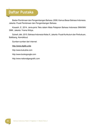 32 Bahasa Indonesia Paket C Tingkatan V Modul Tema 1
Badan Pembinaan dan Pengembangan Bahasa. 2008. Kamus Besar Bahasa Indonesia.
Jakarta: Pusat Pembinaan dan Pengembangan Bahasa.
Kosasih, E. 2014. Jenis-jenis Teks dalam Mata Pelajaran Bahasa Indonesia SMA/MA/
SMK. Jakarta: Yrama Widya.
Suherli, dkk. 2015. Bahasa Indonesia Kelas X, Jakarta: Pusat Kurikulum dan Perbukuan,
Balitbang, Kemdikbud.
Sumber-sumber dari internet:
http://www.digilib.unila
http:/www.bukukita.com
http:/www.booksgoogle.com
http:/www.nationalgeograﬁc.com
Daftar Pustaka
 