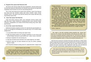 4 5Bahasa Indonesia Paket C Tingkatan V Modul Tema 1 Menyingkap Ilmu Pengetahuan di Sekitar Kita
A. Pengertian Teks Laporan Hasil Observasi (LHO)
Teks laporan hasil observasi adalah teks yang menghadirkan informasi tentang suatu
hal secara apa adanya lalu dikelompokkan dan dianalisis secara sistematis sehingga dapat
menjelaskan suatu hal secara rinci dan dari sudut pandang keilmuan.
Teks ini berisi hasil observasi dan analisis secara sistematis. Laporan hasil observasi
bisa berupa hasil riset mendalam tentang suatu benda, tumbuhan, hewan, konsep/
ekosistem tertentu. Teks laporan hasil observasi biasanya berisi dengan fakta-fakta yang
bisa dibuktikan secara ilmiah.
B. Tujuan Teks Laporan Hasil Observasi
Tujuan teks laporan observasi adalah untuk memberikan informasi tentang suatu
objek atau situasi, setelah diadakannya investigasi/penelitian secara sistematis dengan
memperinci, mengklasiﬁkasi, dan memberi informasi faktual tentang orang, hewan, objek,
atau fenomena.
C. Ciri-ciri Teks Laporan Hasil Observasi
Setelah kita mengetahui pengertian dari teks LHO, maka kita perlu juga mengetahui ciri-
ciri teks LHO sehingga kita membedakannya dari teks-teks lainya. Ciri-ciri tersebut adalah
sebagai berikut:
1) Isi yang dibahas adalah ilmu tentang suatu objek/ konsep.
2) Objek yang dibahas bersifat umum sehingga menjelaskan ciri umum semua yang
termasuk kategori/ kelompok itu (judul bersifat umum : pantai, museum, demokrasi).
3) Bertujuan menjelaskan dari sudut pandang ilmu.
4) Objek atau hal dibahas secara sistematis, dirinci bagian-bagiannya, dan objektif.
5) Memerinci objek atau hal secara sistematis dari sudut ilmu (deﬁnisi, klasiﬁkasi,
jabaran ciri objek).
Untuk memperluas wawasanmu tentang teks LHO , bacalah teks berikut dengan cermat
Ciplukan Tanaman yang Luar Biasa
Ciplukan atau dalam bahasa latin physialis angulata adalah tanaman semak
rendah yang memiliki banyak manfaat untuk kesehatan. Tanaman ini biasanya
dianggap sebagai tumbuhan liar karena banyak tumbuh di kebun, tegalan,
tepi jalan, semak, atau hutan. Buah ini juga dikenal dengan sebutan morel
berry di Inggris, ceplukan di Jawa, cecendet di Sunda, keceplokan di Bali, dan
leletokan di Minahasa.
Tanaman ciplukan memiliki struktur pohon
yang lengkap, terdiri atas akar, batang,
daun, dan buah. Akar ciplukan berupa akar
tunggang yang kemudian akan tumbuh akar
cabang menjadi akar serabut. Daun ciplukan
merupakan daun tunggal bertangkai dan
berbentuk bulat oval atau bulat memanjang
dengang ujung meruncing. Batang tanaman
ini bisa mencapai 1 meter dengan bentuk
bulat beralur dan berwarna kecoklatan.
Buah ciplukan berbentuk seperti telur yang
terbungkus dalam kelopak menggelembung.
Ciplukan dipercaya dapat menyembuhkan berbagai penyakit. Seluruh bagian
ciplukan dapat mengobati darah tinggi, kolesterol, dan rematik. Akar tanaman
ini berkhasiat untuk mengobati penyakit diabetes mellitus. Buahnya berkhasiat
mengobati penyakit paru-paru, sakit tenggorokan, dan stroke. Sedangkan daun
ciplukan dapat mengobati tumor dan kanker.
Tanaman ciplukan memiliki nilai jual yang tinggi. Ia hadir di toko-toko buah
besar, pasar swalayan, dan dijual online. Satu kemasan isi 100 gram dihargai Rp30
ribu. Harga jual perkilogramnya berkisar Rp250-500 ribu. Sungguh luar biasa.
Sumber : google.com
“Nah, sejauh ini kita telah membahas tentang pengertian teks laporan hasil
observasi (LHO). Sebuah contoh telah diberikan untuk Anda baca dan pelajari. Tentu
Anda sudah mendapatkan gambaran mengenai teks LHO. Oleh karena itu, agar lebih
memantapkan pemahaman Anda mengenai teks LHO, silakan Anda bentuk kelompok
kecil yang beranggotakan sekitar 2-3 orang untuk berdiskusi tentang teks LHO
Agar Anda penuh percaya diri memahami teks laporan hasil observasi, cobalah tuliskan
denganmenggunakankata-katasendiritentangpengertianteksLHO padabukucatatanAnda
atau pada lembar kertas terpisah. Janganlah ragu-ragu dan jangan khawatir jika nantinya
jawaban Anda belum sepenuhnya benar. Bagaimana? Sudah siap untuk menuliskannya
bukan? Jika sudah, coba perhatikan, apakah jawaban Anda seperti berikut ini.
Teks Laporan Hasil Observasi (LHO) adalah teks menghadirkan informasi
tentang suatu hal secara apa adanya lalu dikelompokkan dan dianalisis secara
sistematis sehingga dapat menjelaskan suatu hal secara rinci dan dari sudut
pandang keilmuan.
 