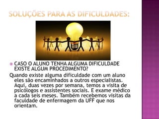 projeto político pedagógico e projetos educativosEXISTE AQUI NA CRECHE PROJETO POLÍTICO PEDAGÓGICO? EXISTE ALGUM EIXO TEMÁTICO?Sim, existe PPP.  Aqui nós trabalhamos por projetos. Atualmente, estamos fazendo um projeto sobre o pintor ROMERO BRITTO. Para isso fizemos uma visita a loja Rei dos Quadros, aqui na Rua da Conceição. Depois buscamos informações via internet. E realizamos trabalhos tendo este autor como referência.