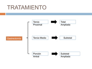 TRATAMIENTO
Tercio
Proximal

Gastrectomía

Tercio Medio

Porción
Antral

Total
Ampliada

Subtotal

Subtotal
Ampliada

 