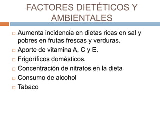 FACTORES DIETÉTICOS Y
AMBIENTALES








Aumenta incidencia en dietas ricas en sal y
pobres en frutas frescas y verduras.
Aporte de vitamina A, C y E.
Frigoríficos domésticos.
Concentración de nitratos en la dieta
Consumo de alcohol
Tabaco

 
