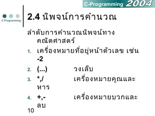 10
2.4 นิพจน์การคำานวณ
ลำาดับการคำานวณนิพจน์ทาง
คณิตศาสตร์
1. เครื่องหมายที่อยู่หน้าตัวเลข เช่น
-2
2. (...) วงเล็บ
3. *,/ เครื่องหมายคูณและ
หาร
4. +,- เครื่องหมายบวกและ
ลบ
C Programming
C-Programming
 