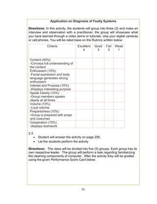 91
Application on Diagnosis of Faulty Systems
Directions: In this activity, the students will group into three (3) and make an
interview and observation with a practitioner, the group will showcase what
you have learned through a video demo or tutorials. Use your digital cameras
or cell phones. You will be rated base on the Rubrics written below:
Criteria Excellent
4
Good
3
Fair
2
Weak
1
Content (40%)
-Conveys full understanding of
the content
Enthusiasm (10%)
-Facial expression and body
language generates strong
enthusiasm
Interest and Purpose (10%)
-Displays interesting purpose
Speak Clearly (10%)
-Group members speaks
clearly at all times
Volume (10%)
-Loud volume
Preparedness (10%)
-Group is prepared with props
and costumes
Cooperation (10%)
-displays teamwork
2.3
 Student will answer the activity on page 258.
 Let the students perform the activity
Directions: The class will be divided into five (5) groups. Each group has its
own respective leader. The group will perform a task regarding familiarizing
the cleaning components of computer. After the activity they will be graded
using the given Performance Score Card below:
 