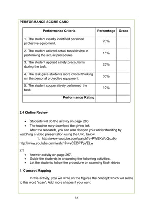 92
PERFORMANCE SCORE CARD
Performance Criteria Percentage Grade
1. The student clearly identified personal
protective equipment.
20%
2. The student utilized actual tools/device in
performing the actual procedures.
15%
3. The student applied safety precautions
during the task.
25%
4. The task gave students more critical thinking
on the personal protective equipment.
30%
5. The student cooperatively performed the
task.
10%
Performance Rating
2.4 Online Review
 Students will do the activity on page 263.
 The teacher may download the given link
After the research, you can also deepen your understanding by
watching a video presentation using the URL below:
1. http://www.youtube.com/watch?v=PWEKWqQuz9o
http://www.youtube.com/watch?v=vCEOP7pVELw
2.5
 Answer activity on page 267.
 Guide the students in answering the following activities.
 Let the students follow the procedure on scanning flash drives
1. Concept Mapping
In this activity, you will write on the figures the concept which will relate
to the word “scan”. Add more shapes if you want.
 