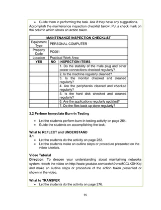 95
 Guide them in performing the task. Ask if they have any suggestions.
Accomplish the maintenance inspection checklist below: Put a check mark on
the column which states an action taken.
MAINTENANCE INSPECTION CHECKLIST
Equipment
Type
PERSONAL COMPUTER
Property
Code
PC001
Location Practical Work Area
YES NO INSPECTION ITEMS
1. Do the stability of the male plug and other
power connections checked regularly?
2. Is the machine regularly cleaned?
3. Is the monitor checked and cleaned
regularly?
4. Are the peripherals cleaned and checked
regularly?
5. Is the hard disk checked and cleaned
regularly?
6. Are the applications regularly updated?
7. Do the files back up done regularly?
3.2 Perform Immediate Burn-In Testing
 Let the students perform burn-in testing activity on page 284.
 Guide the students on accomplishing the task.
What to REFLECT and UNDERSTAND
3.1
 Let the students do the activity on page 282.
 Let the students make an outline steps or procedure presented on the
video tutorials.
Video Tutorial
Direction: To deepen your understanding about maintaining networks
system, watch the video on http://www.youtube.com/watch?v=cMCCLKDHXqI
and make an outline steps or procedure of the action taken presented or
shown in the video.
What to TRANSFER
 Let the students do the activity on page 276.
 