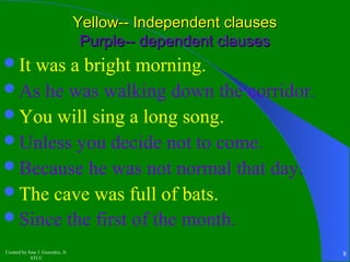It was a bright morning. 
As he was walking down the corridor. 
You will sing a long song. 
Unless you decide not to come. 
Because he was not normal that day. 
The cave was full of bats. 
Since the first of the month. 
Created by Jose J. Gonzalez, Jr. 
YYeellllooww---- IInnddeeppeennddeenntt ccllaauusseess 
PPuurrppllee---- ddeeppeennddeenntt ccllaauusseess 
STCC 8 
 